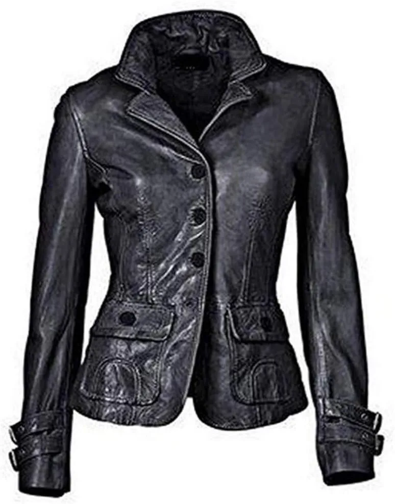 Women's Genuine Lambskin Leather Blazer Slim Fit Jacket Four Button Coat RW108