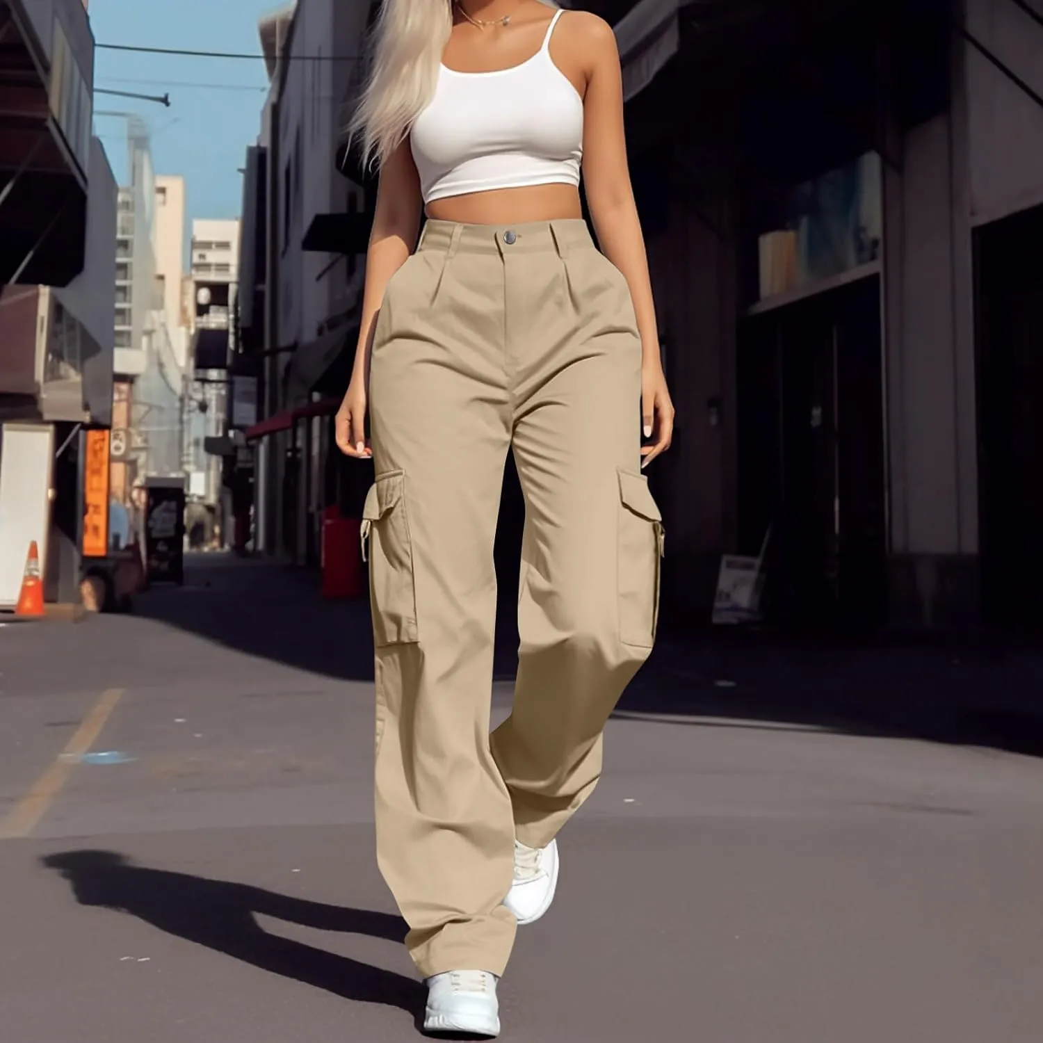 Women's Hiking Wide Leg Cargo Pants Lightweight Quick Dry Outdoor Buttons High Waisted Workout Pants with Pockets