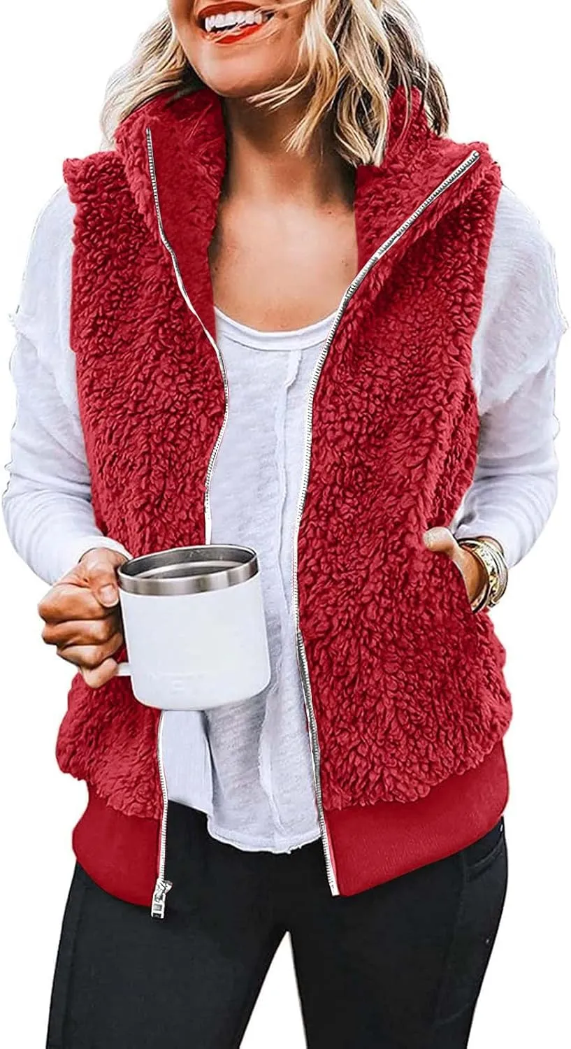Women's Sherpa Vest Plus Size Fuzzy Fleece Sleeveless Zip Up Jacket Coat 2024 Fall Casual Waistcoat Gilet with Pockets