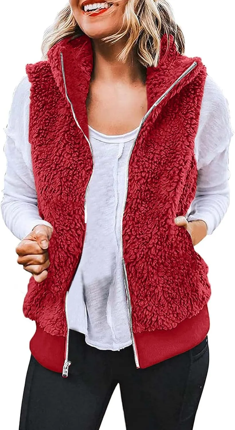 Women's Sherpa Vest Plus Size Fuzzy Fleece Sleeveless Zip Up Jacket Coat 2024 Fall Casual Waistcoat Gilet with Pockets