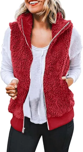 Women's Sherpa Vest Plus Size Fuzzy Fleece Sleeveless Zip Up Jacket Coat 2024 Fall Casual Waistcoat Gilet with Pockets