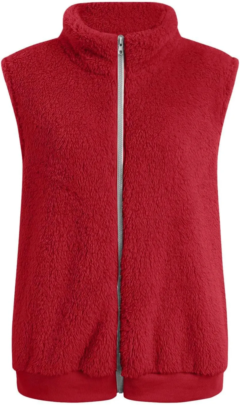 Women's Sherpa Vest Plus Size Fuzzy Fleece Sleeveless Zip Up Jacket Coat 2024 Fall Casual Waistcoat Gilet with Pockets