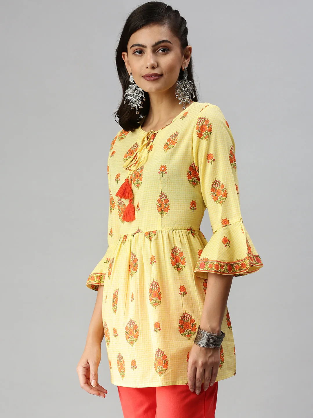 Women's Yellow Printed A-Line Kurti