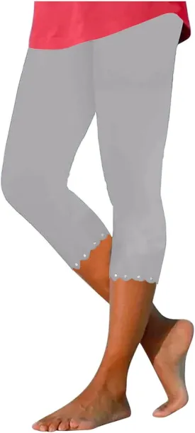 Xiaojmake High Waisted Capri Leggings for Women Summer Yoga Gym Workout Cropped Pants Rhinestone Patch Summer Beach Trousers