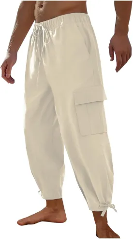 Xiaojmake Men's Linen Cargo Pants Joggers 2025 Solid Elastic Waist Harem Pant Casual Lightweight Loose Beach Summer Trousers