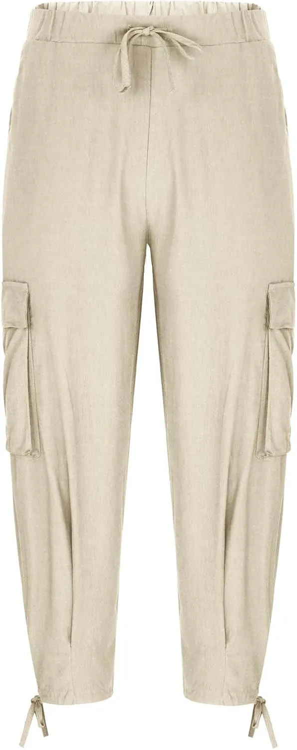 Xiaojmake Men's Linen Cargo Pants Joggers 2025 Solid Elastic Waist Harem Pant Casual Lightweight Loose Beach Summer Trousers