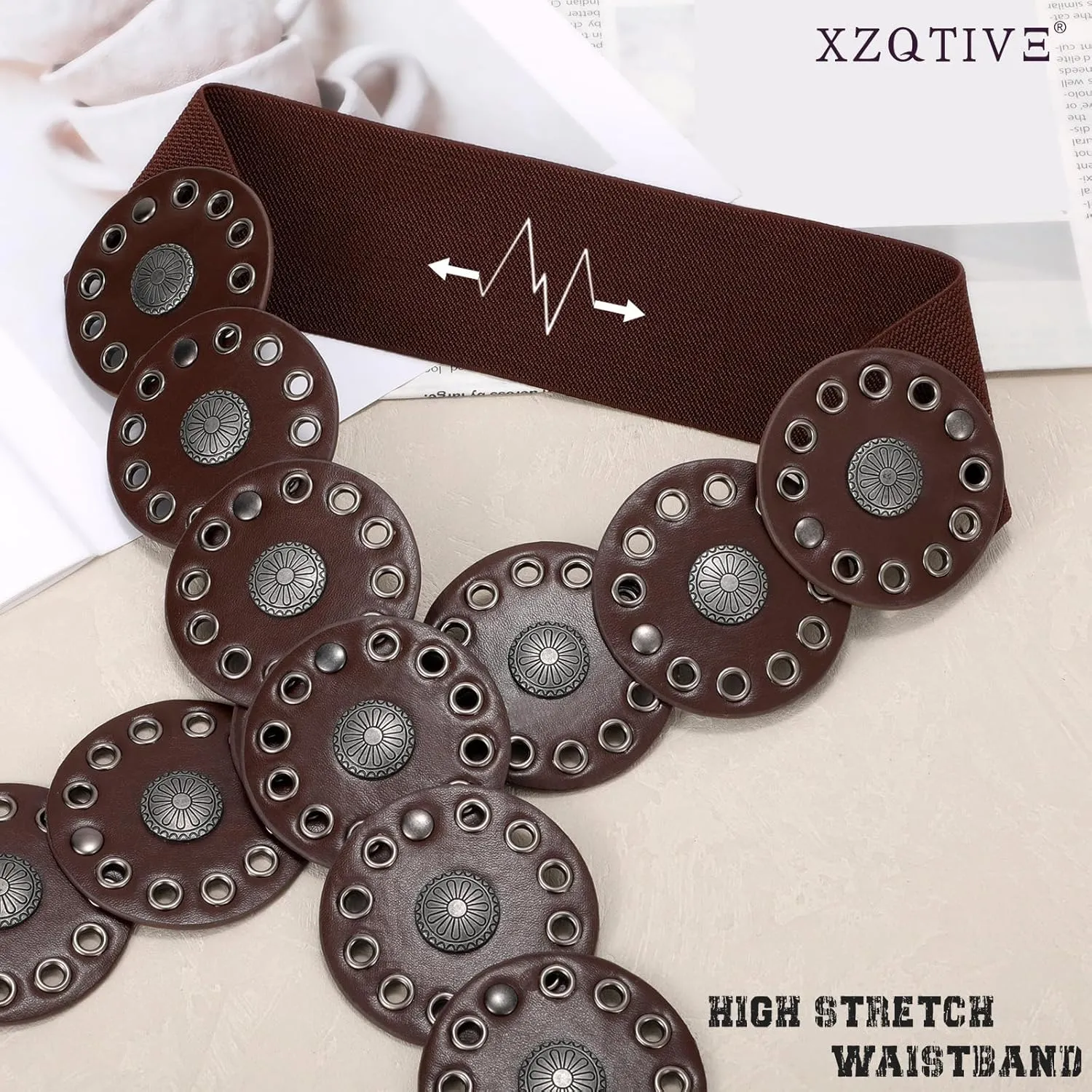 XZQTIVE Women's Western Belt with Concho Discs Adjustable Cowgirl Waist Belt Vintage Wide Disc Design for Dresses Jeans