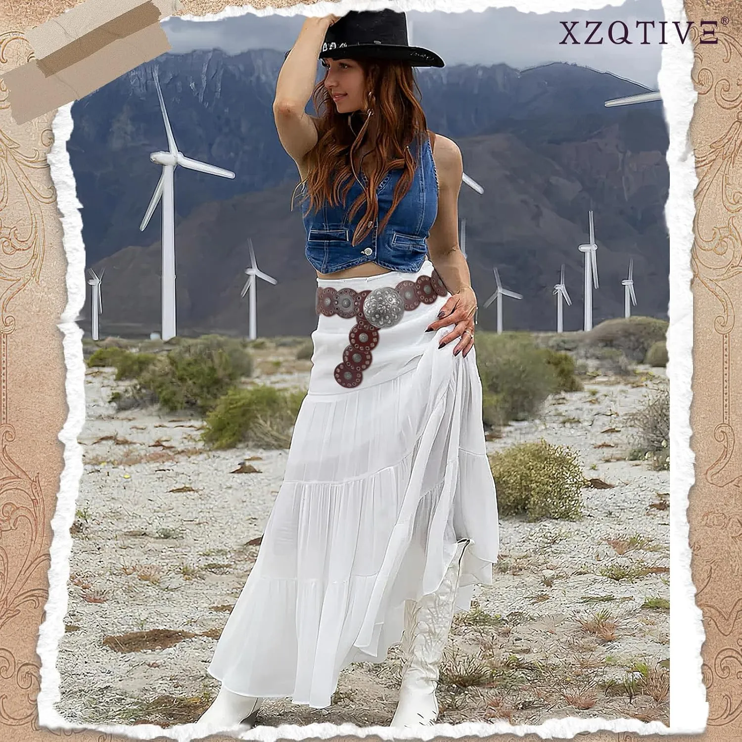 XZQTIVE Women's Western Belt with Concho Discs Adjustable Cowgirl Waist Belt Vintage Wide Disc Design for Dresses Jeans