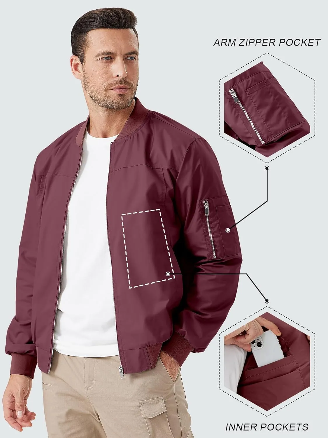 ZUTY Men's Bomber Jacket Lightweight Casual Spring Fall Windbreaker Coat with Zipper Pockets